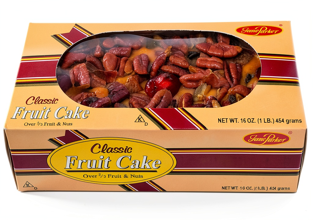 Jane Parker Fruit Cake slice showing fruits and nuts