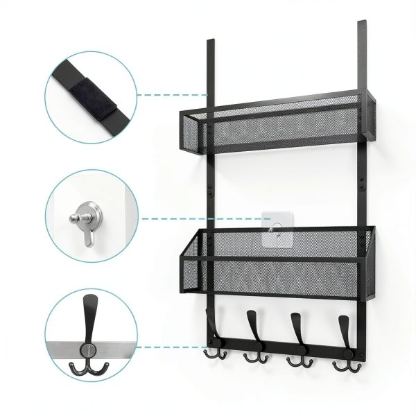 Over The Door Hooks Organizer Kaiferty 3‑tier Black Stainless Steel-5