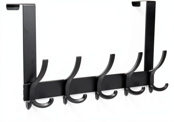 Over The Door Hooks for Hanging, Over The Door Hanger, Over The Door Towel Rack for Bathroom with 5 Triple Coat Hooks, Bathroom Towel Holder Towels Hanger (Black, 1 Pack)-0