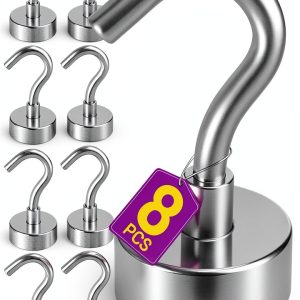8 Pack Magnetic Hooks for Cruise Cabins, 25 LB Neodymium Magnets with Hooks, Magnet Hooks for Kitchen, Office, Magnetic Christmas Light Clips, Great Christmas Gifts for Men (Silver)-0