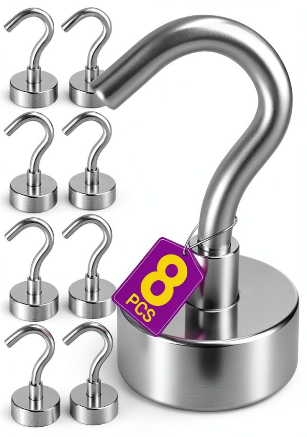8 Pack Magnetic Hooks for Cruise Cabins, 25 LB Neodymium Magnets with Hooks, Magnet Hooks for Kitchen, Office, Magnetic Christmas Light Clips, Great Christmas Gifts for Men (Silver)-0